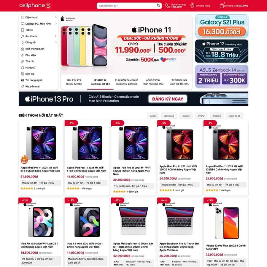 Web mẫu bán điện thoại, laptop, phụ kiện giống CellphoneS