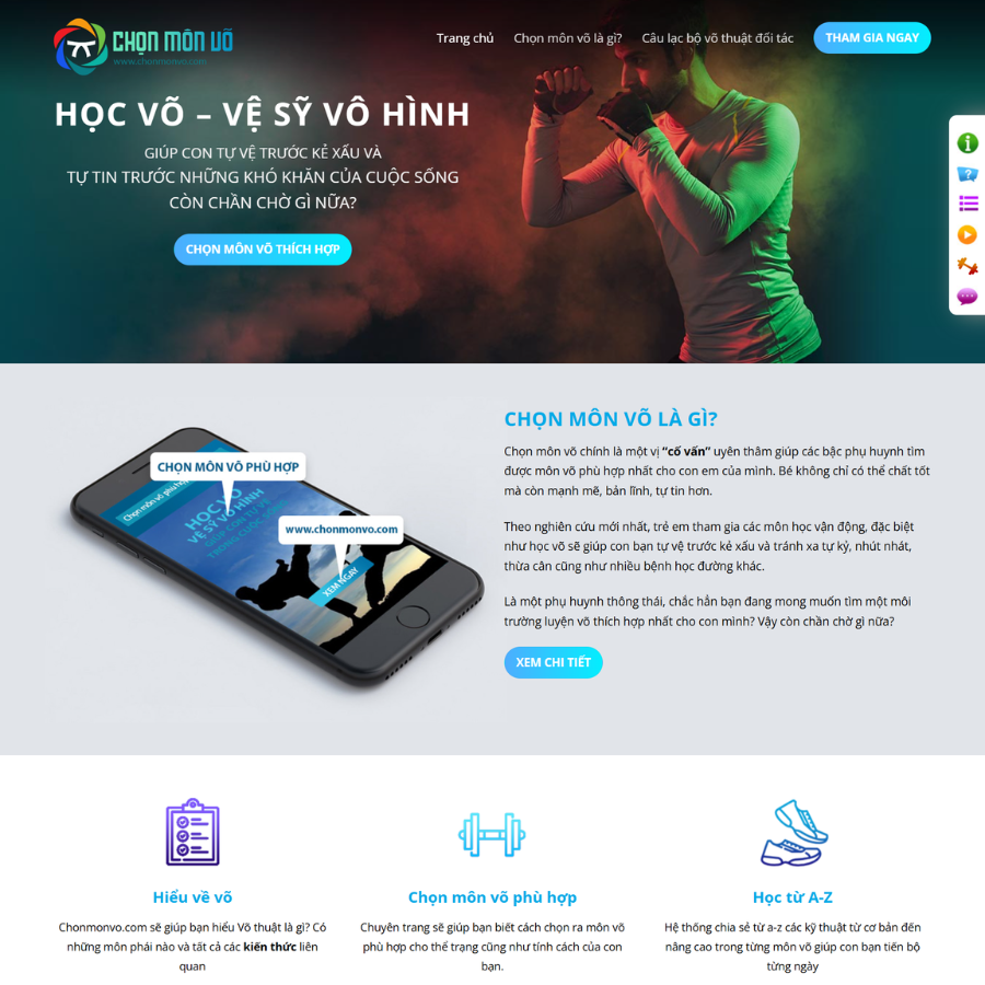 Web mẫu dịch vụ học võ thuật